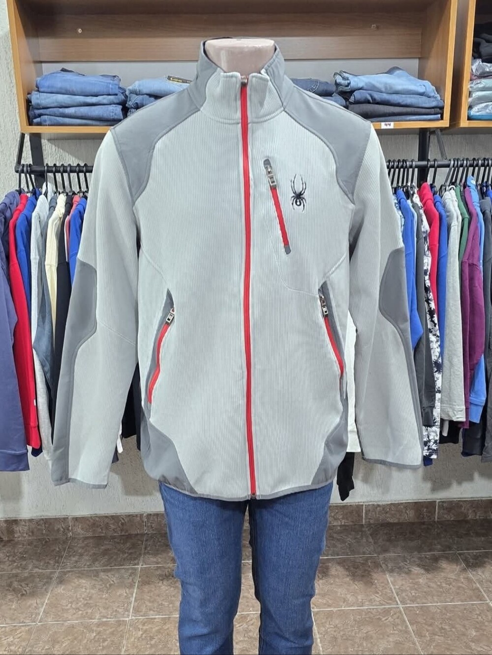 Spyder Men's Light Gray Softshell Jacket with Red Zippers